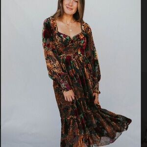Floral Christmas New Years Holiday Long Sleeve Maxi Dress Velvet formal In Loom